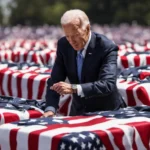 Joe Biden checking his wrist watch with flag-draped